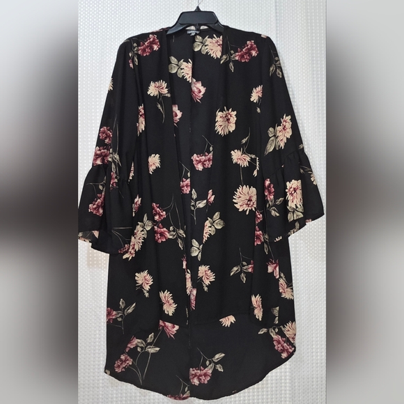 Black Floral Kimono Cardigan Duster | Boho Lightweight Layering Top | Women's - Picture 7 of 8